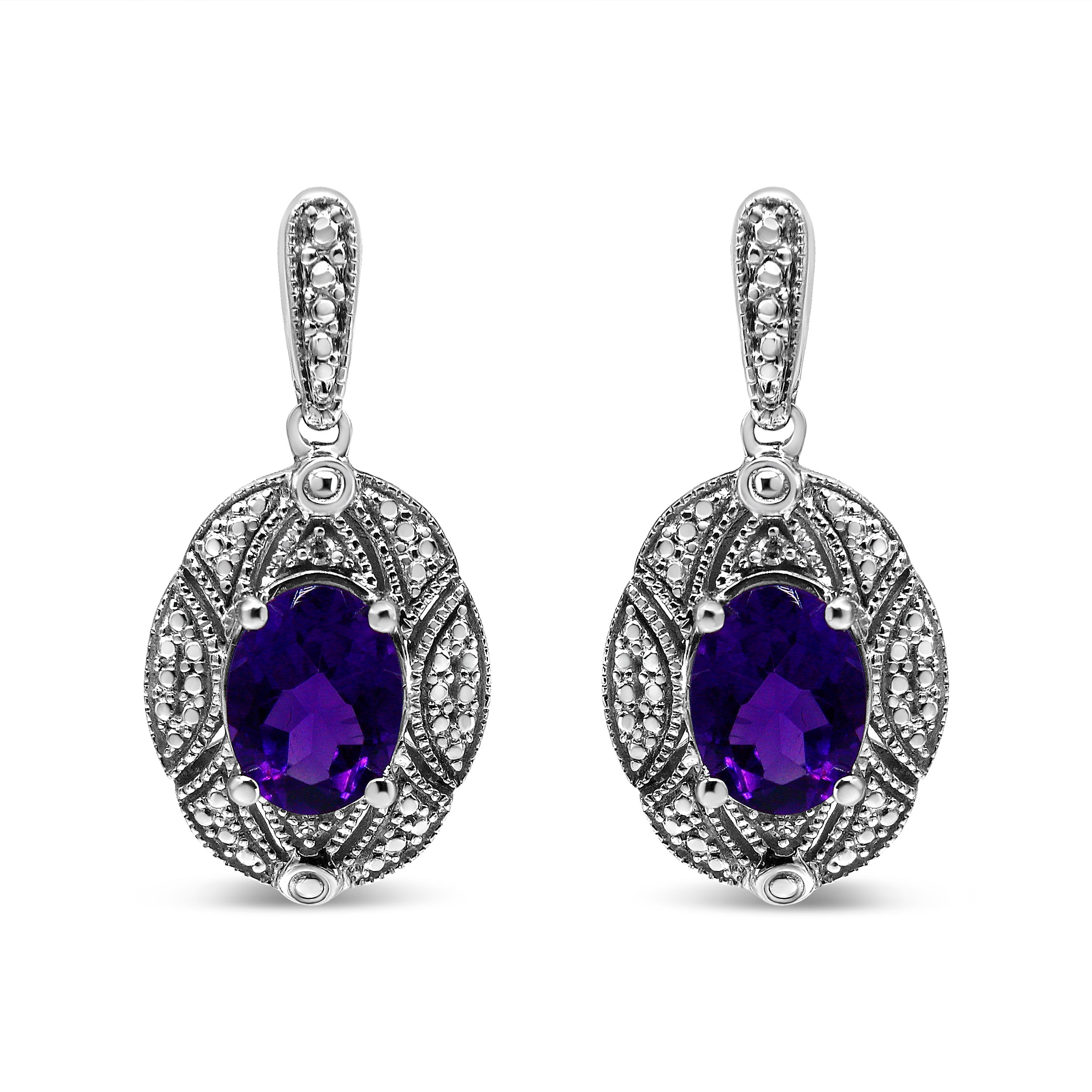 .925 Sterling Silver Diamond Accent and 8x6mm Purple Oval Amethyst Stud Earrings (I-J Color, I1-I2 Clarity) DestGlow