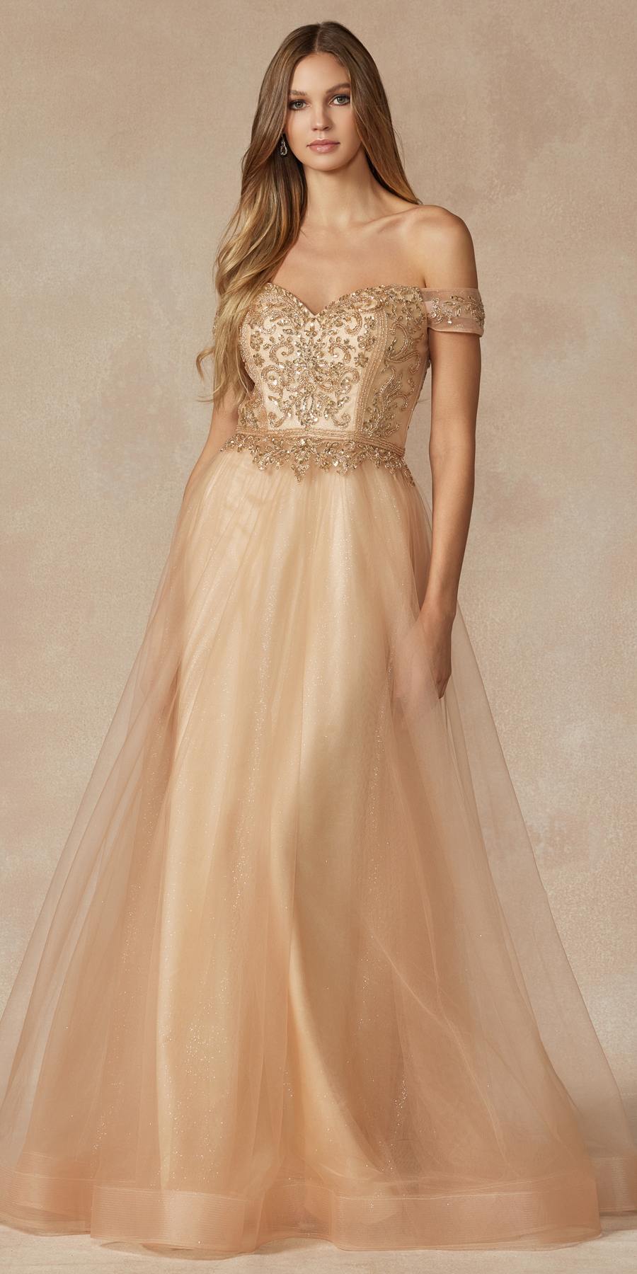 Juliet 287 Long Off the Shoulder Beaded Top A-Line Prom Dress by DiscountDressShop