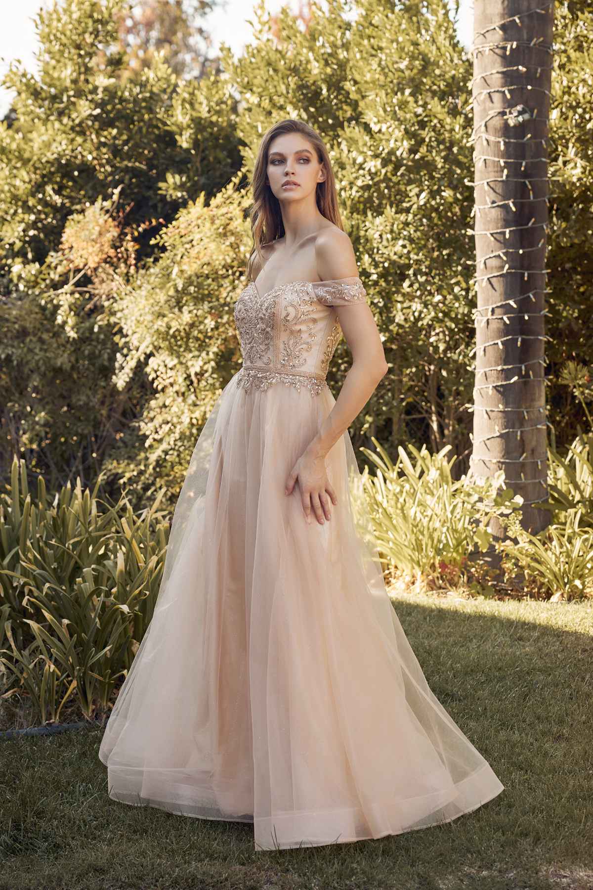 Juliet 287 Long Off the Shoulder Beaded Top A-Line Prom Dress by DiscountDressShop