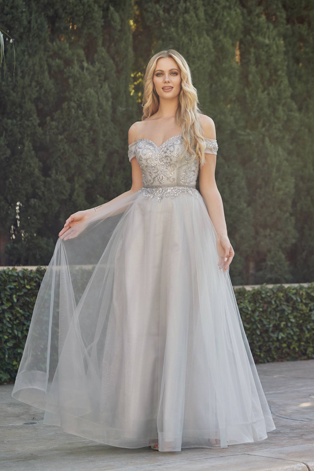 Juliet 287 Long Off the Shoulder Beaded Top A-Line Prom Dress by DiscountDressShop