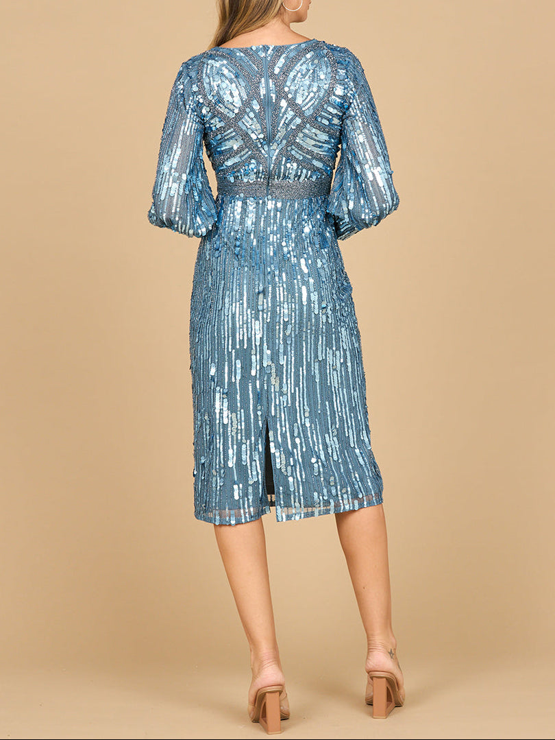 Lara 28855 - Beaded A-line Midi Dress with Long Sleeves by Lara New York