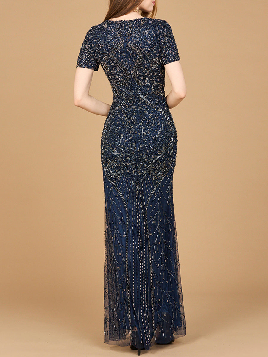 Short Sleeve Sheath Beaded Gown by Lara New York