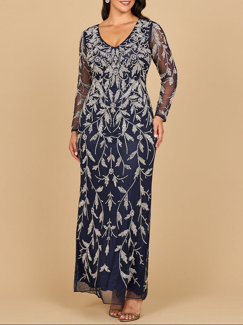 Lara 28870- Long Sleeve Contrast Beaded Gown by Lara New York