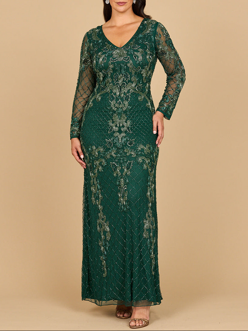 Lara 28877- Long Sleeve Contrast Beaded Gown by Lara New York