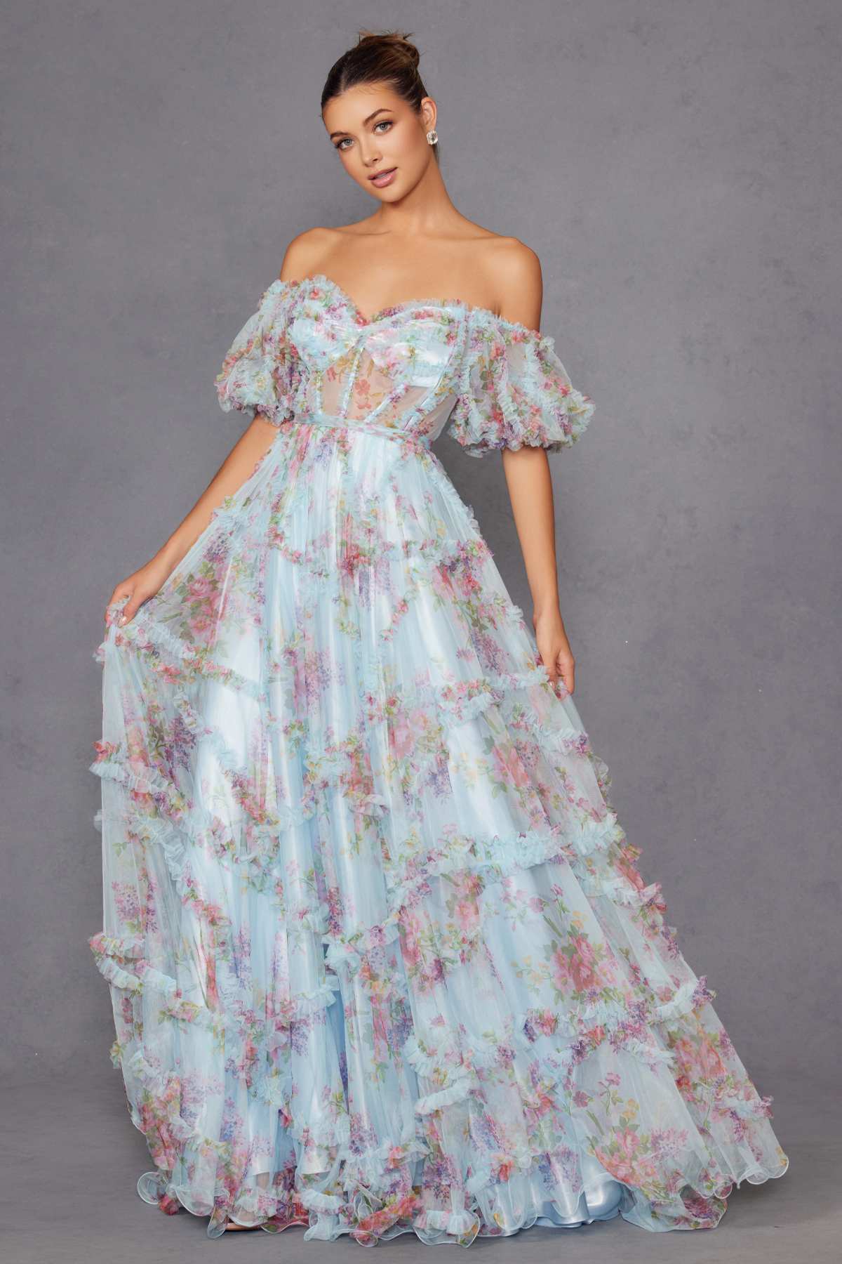 Juliet JT2887C Whimsy Sweetheart Off Shoulder Ruffled A-Line Print Gown by DiscountDressShop