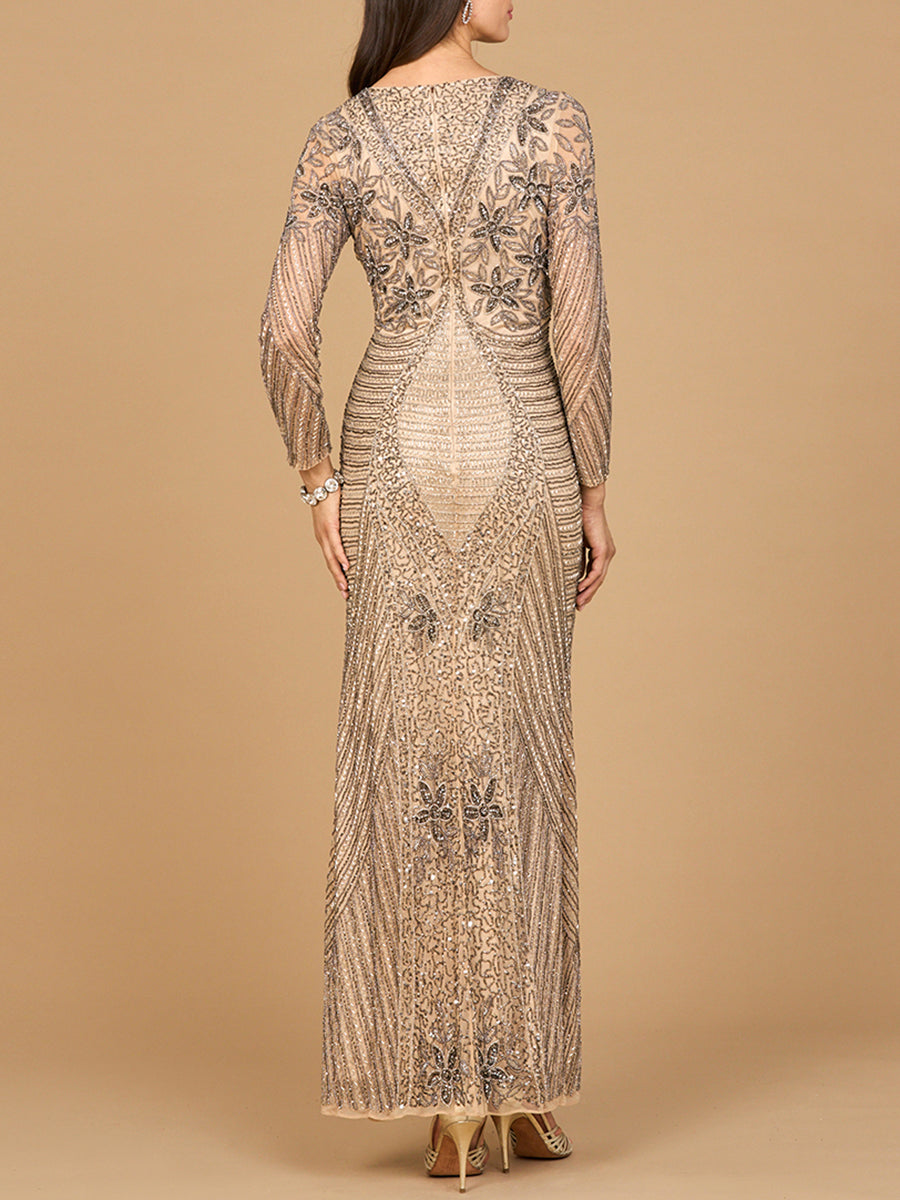 Long Sleeve Beaded Maxi Gown by Lara New York