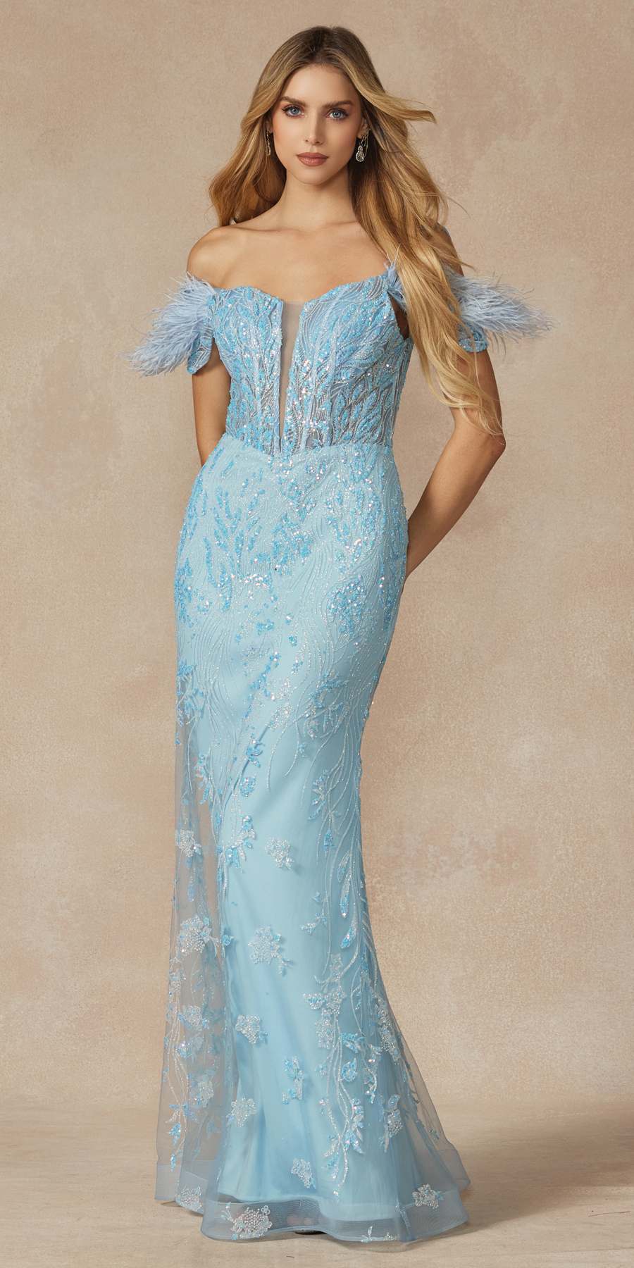 Juliet 288 Long Off the Shoulder Feather Strap Fitted Glitter Print Gown by DiscountDressShop