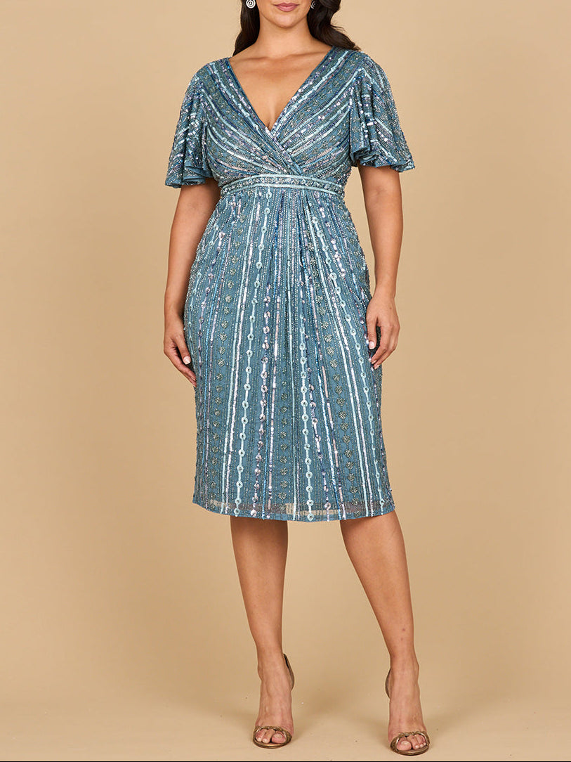 Beaded Midi Dress with Flutter Sleeves by Lara New York