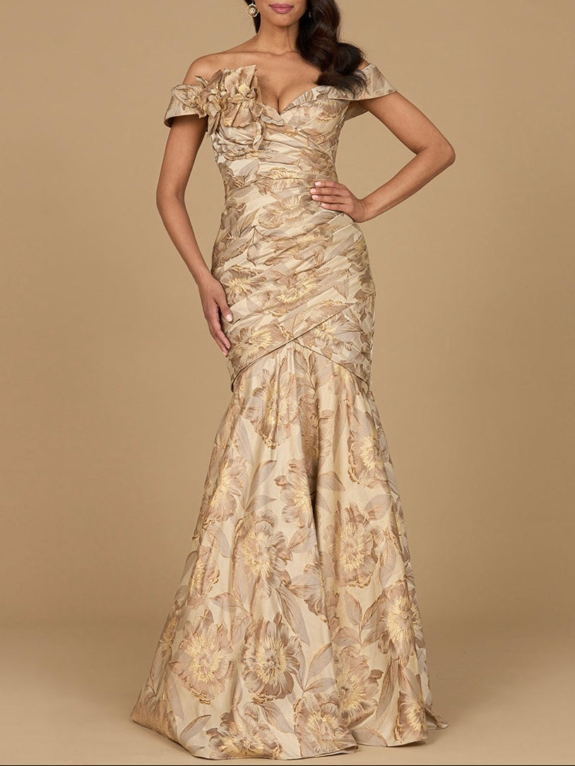 Off Shoulder Brocade Mermaid Gown by Lara New York