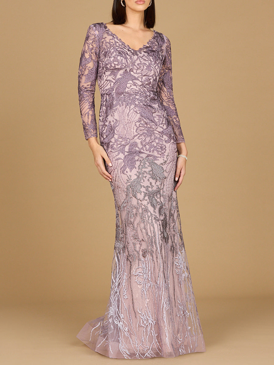 Long Sleeve V-Neck Mermaid Gown by Lara New York