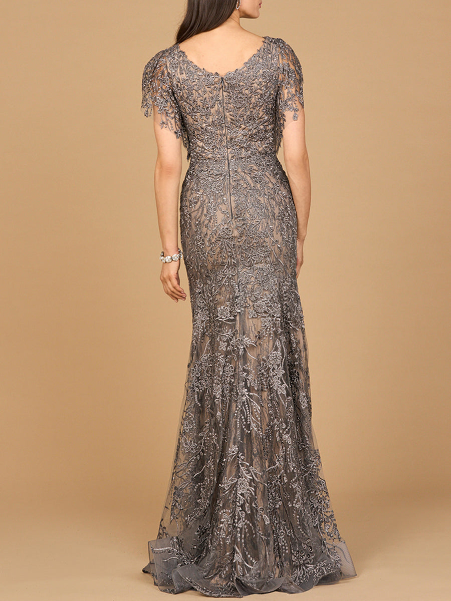 Cap Sleeve Mermaid V-neck Gown by Lara New York