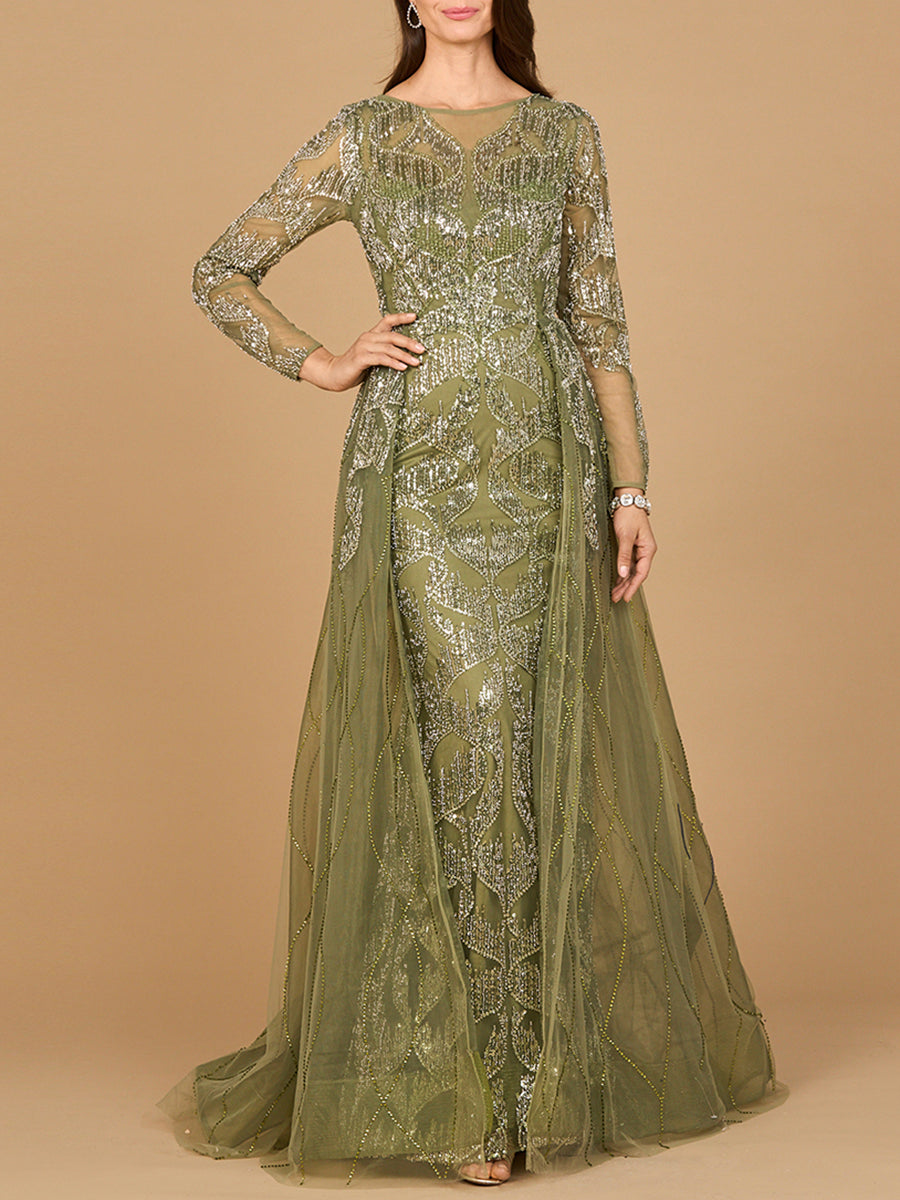 Long Sleeve Gown with Overskirt & High Neck by Lara New York