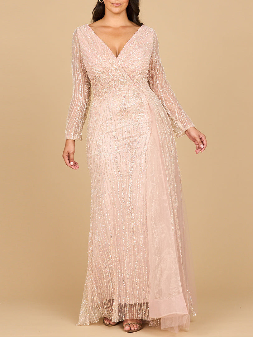 Long Sleeve V-Neck Gown with Drape by Lara New York