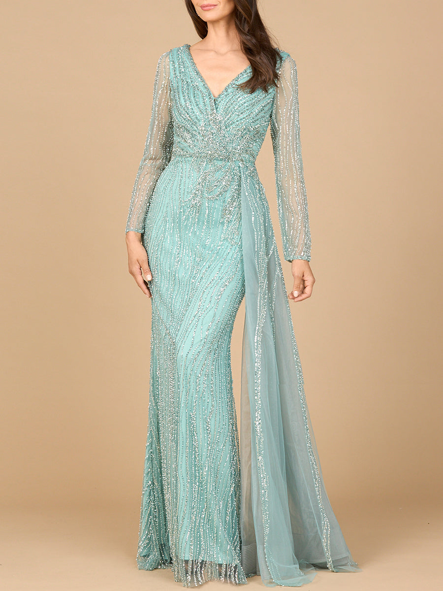 Long Sleeve V-Neck Gown with Drape by Lara New York