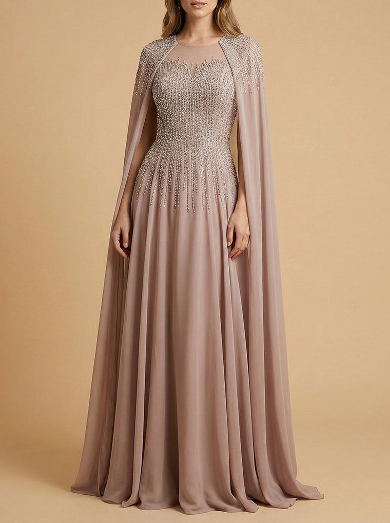 Lara 28943- Chiffon A-line Long Gown with Long Cape Sleeves by Lara New York