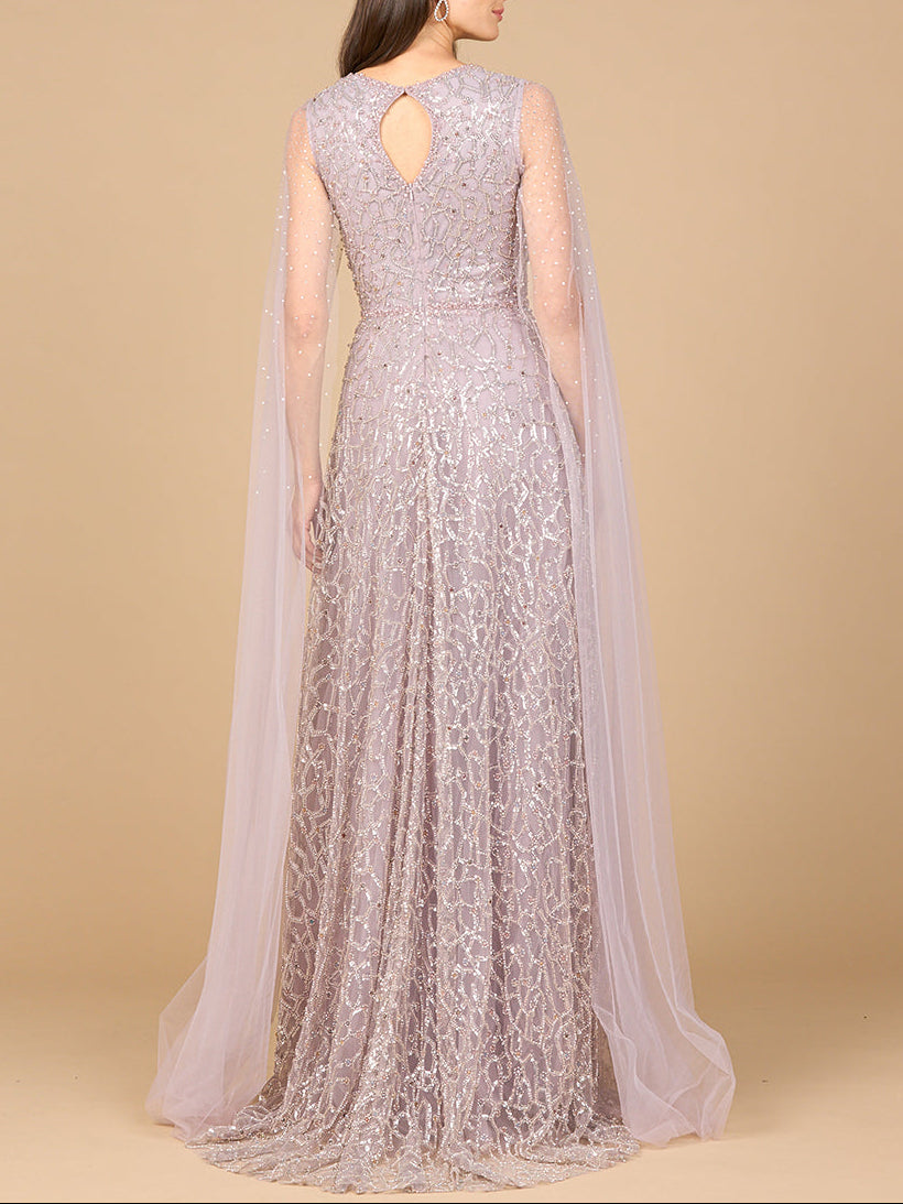 Beaded Lace Gown with Cape Sleeves by Lara New York