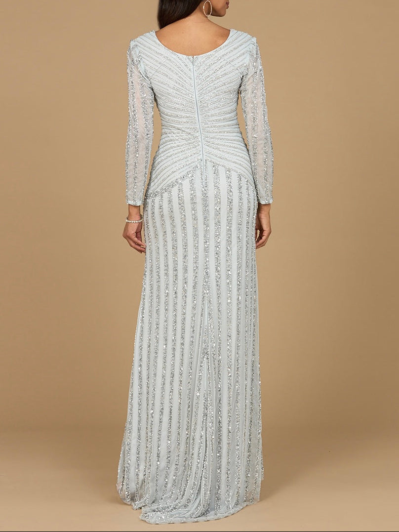 Long Sleeve Linear Beaded Gown by Lara New York