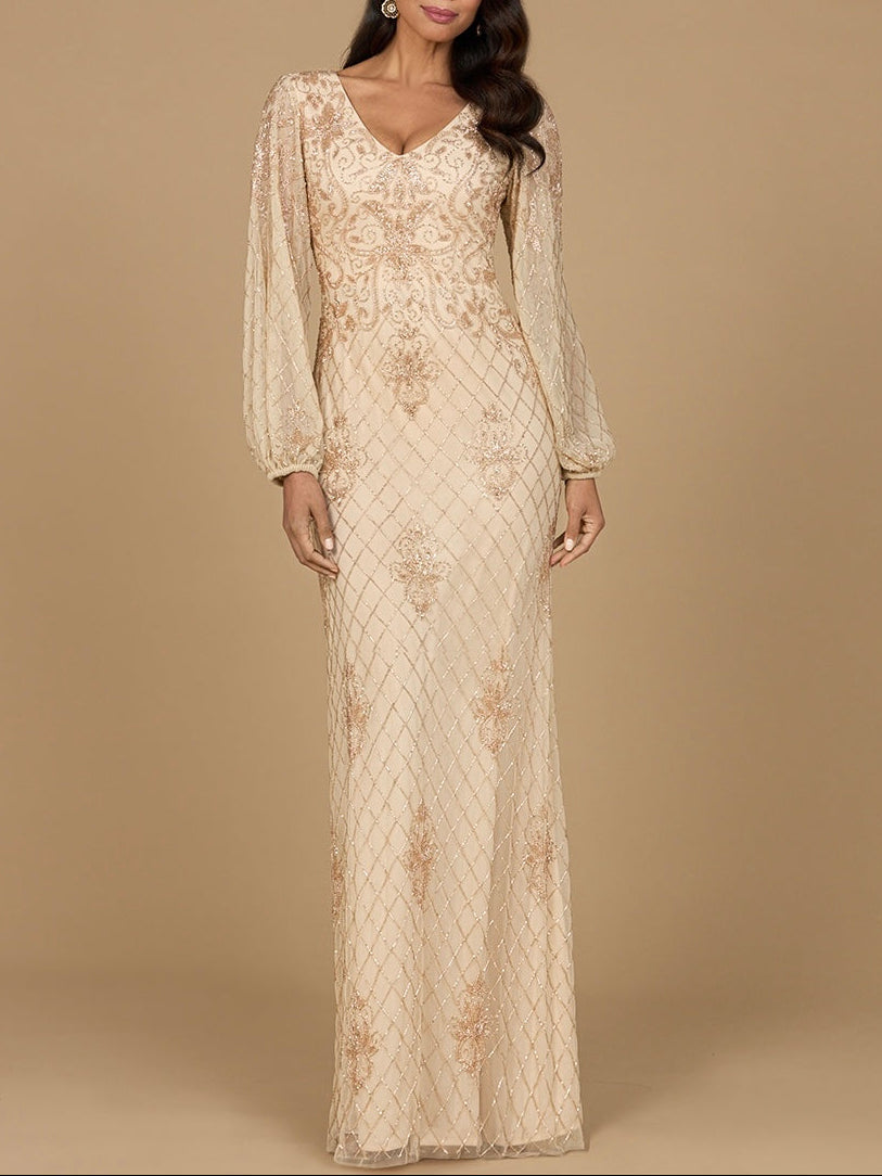 Long Sleeve Beaded Gown with Bishop Sleeves by Lara New York