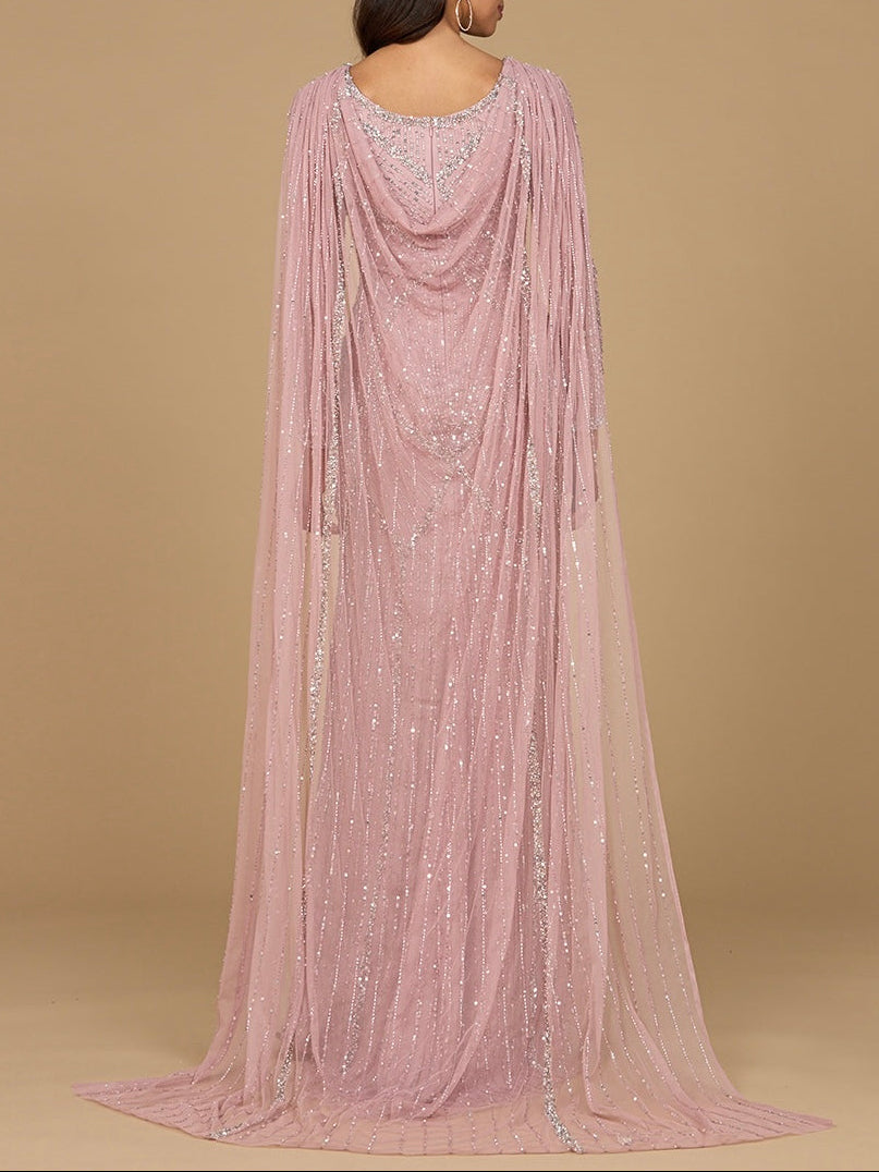Long Sleeve Beaded Gown with Cape by Lara New York