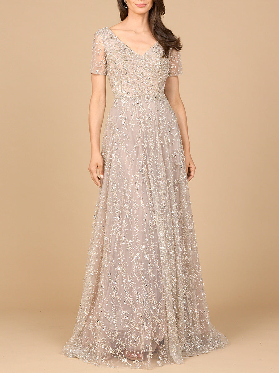 Short Sleeve V-Neck Beaded Ballgown by Lara New York