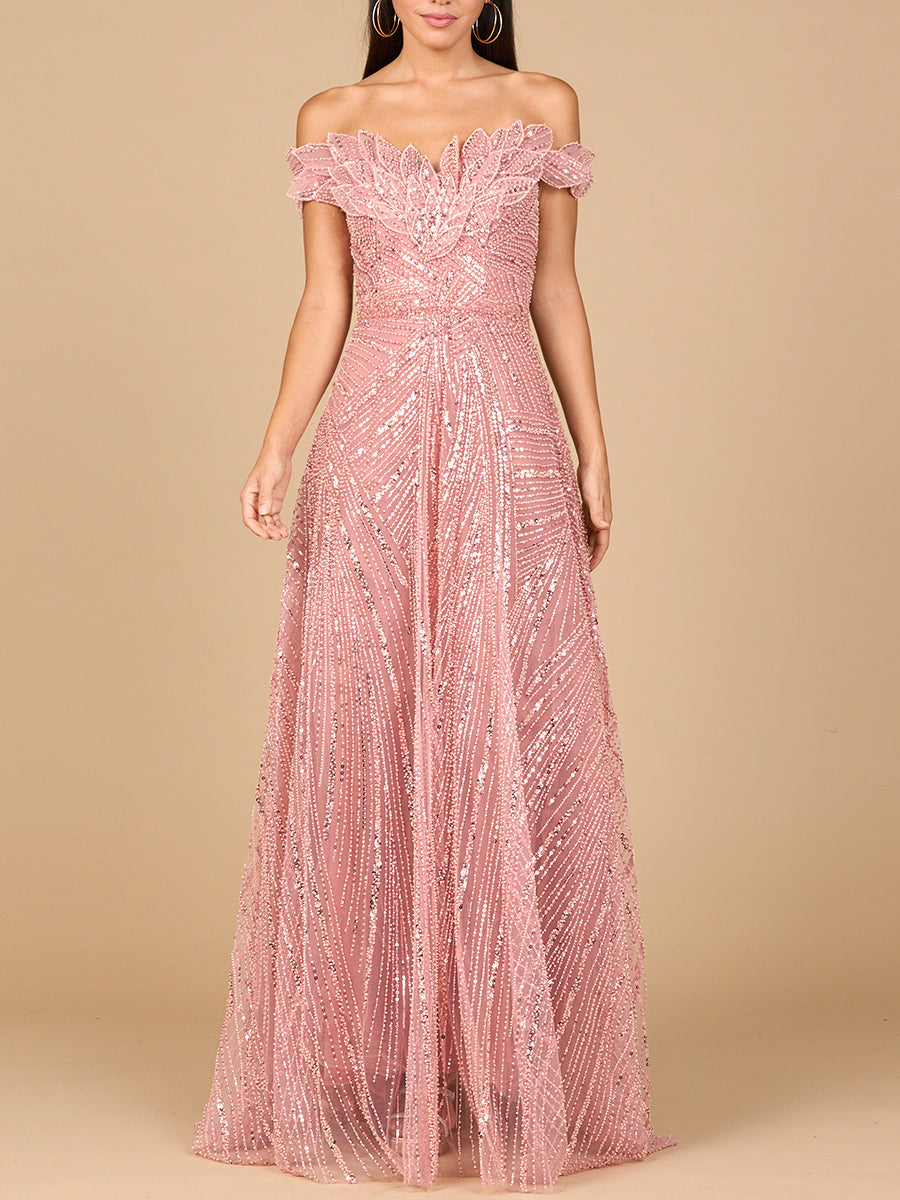 Off Shoulder Beaded Ballgown by Lara New York