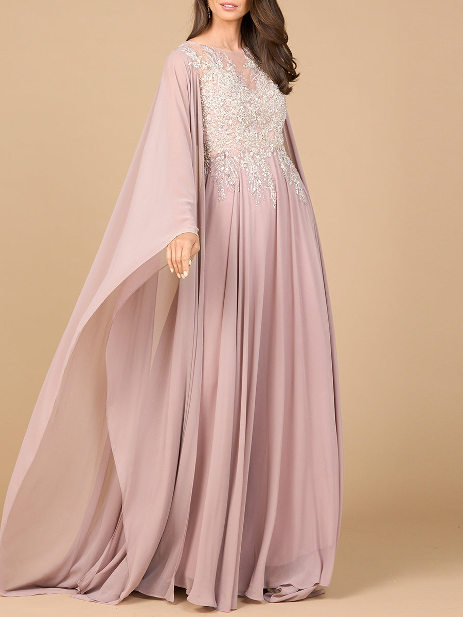 Chiffon A-line Long Gown with Cape Sleeves by Lara New York