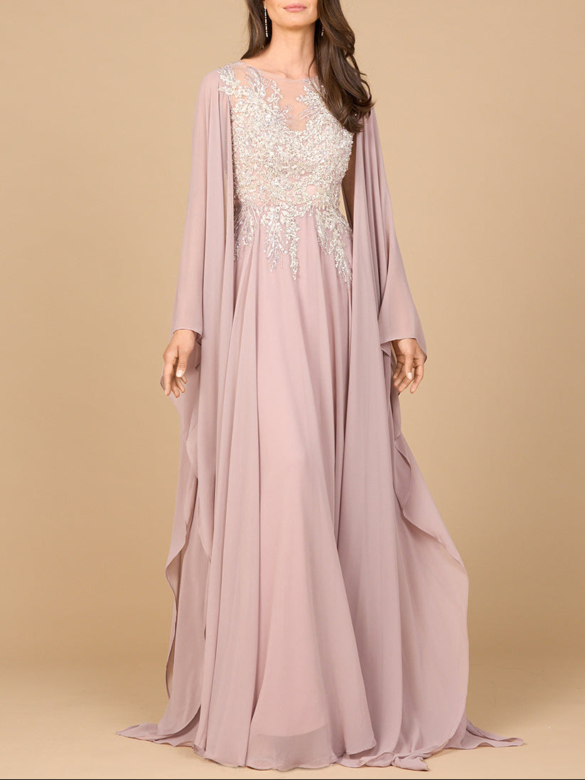 Chiffon A-line Long Gown with Cape Sleeves by Lara New York