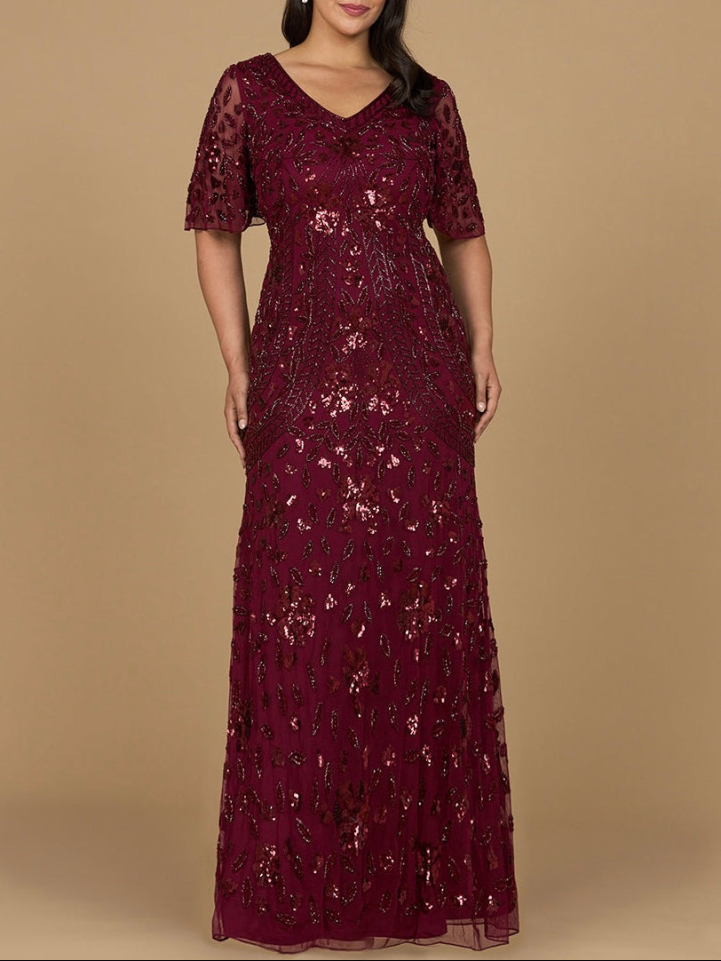 V-Neck, Cape Sleeve Beaded Gown by Lara New York