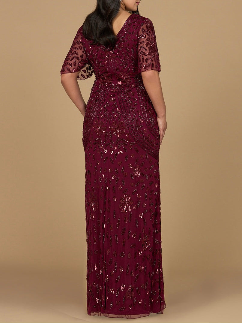 V-Neck, Cape Sleeve Beaded Gown by Lara New York