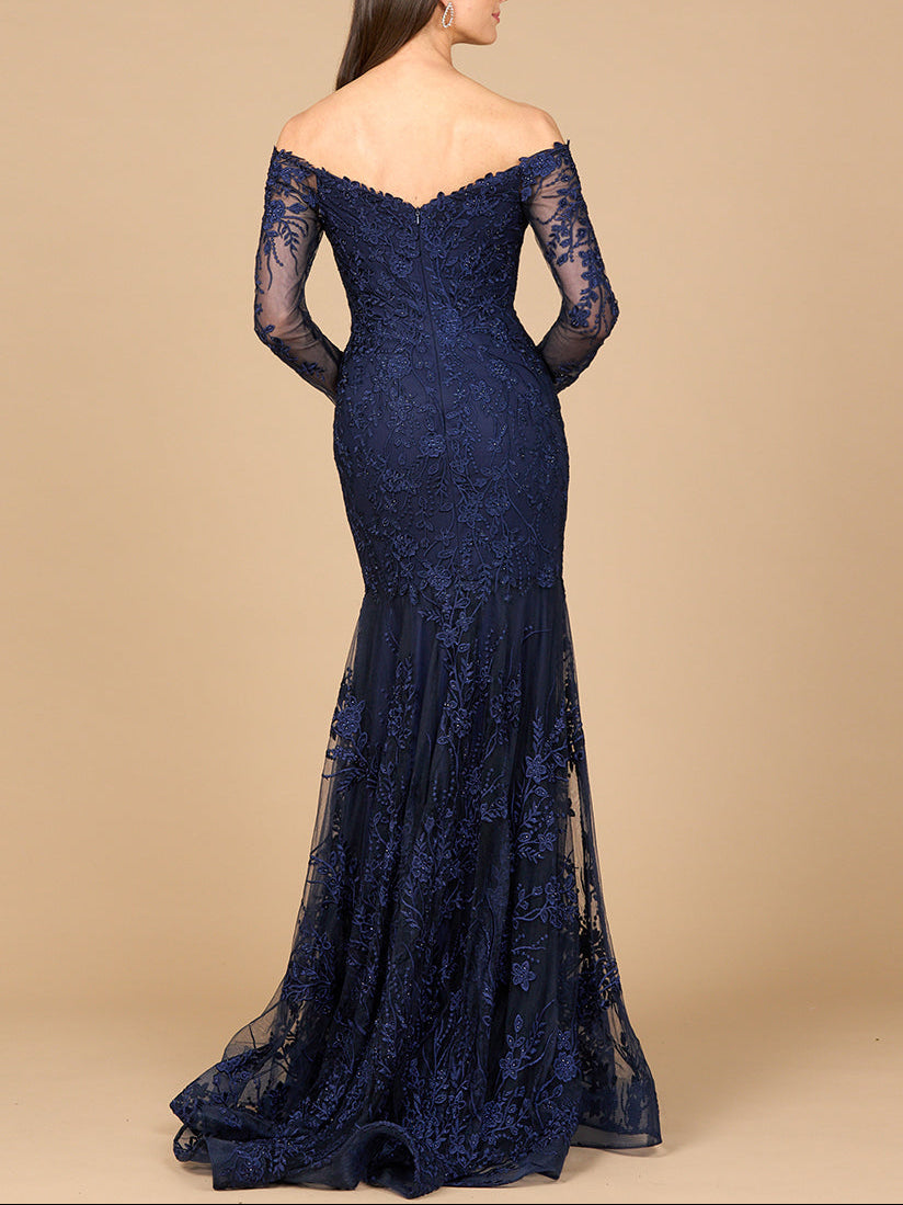 Off Shoulder Long Sleeve Mermaid Gown by Lara New York