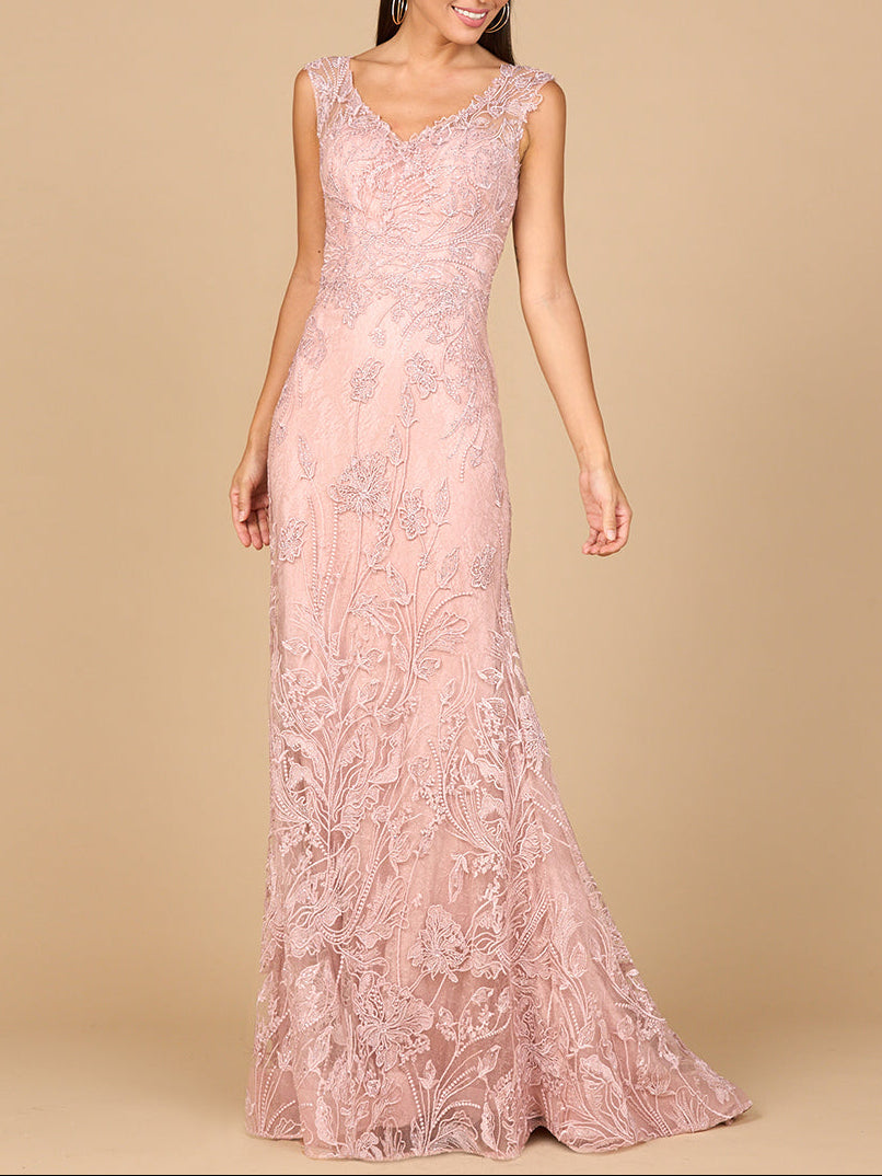 Overskirt Lace Fitted V-Neck Gown by Lara New York