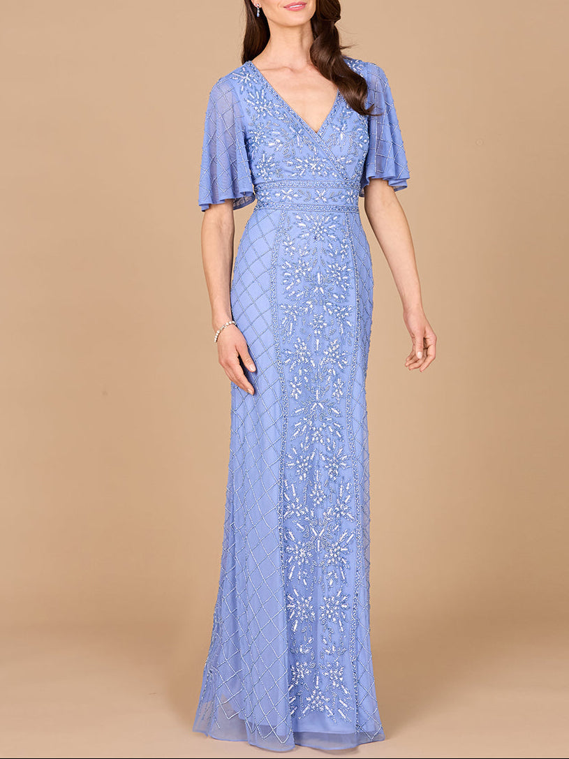 V-Neck, Cape Sleeve Beaded Gown with Belt by Lara New York