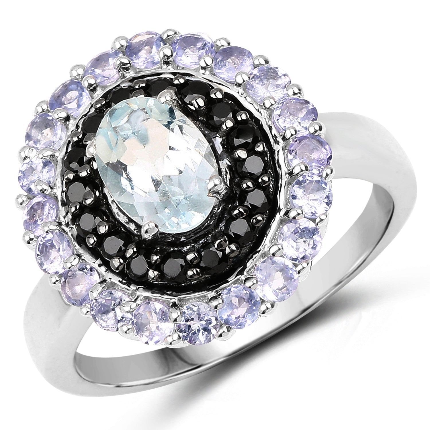 1.77 Carat Genuine Aquamarine, Black Spinel and Tanzanite .925 Sterling Silver Ring by Bids.com