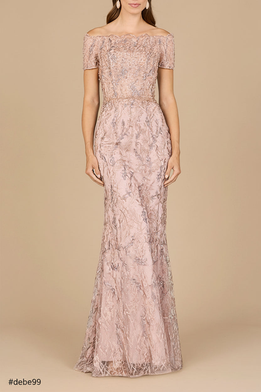 Off Shoulder Mermaid Gown with Short Sleeves by Lara New York