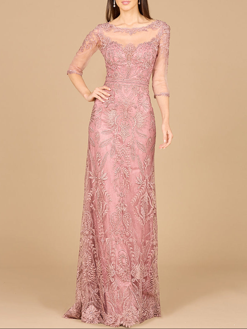 Detachable Half Sleeve Lace Sheath Gown by Lara New York