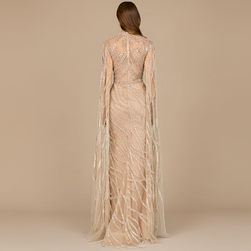 High Neck Gown with Long Cape Sleeves by Lara New York