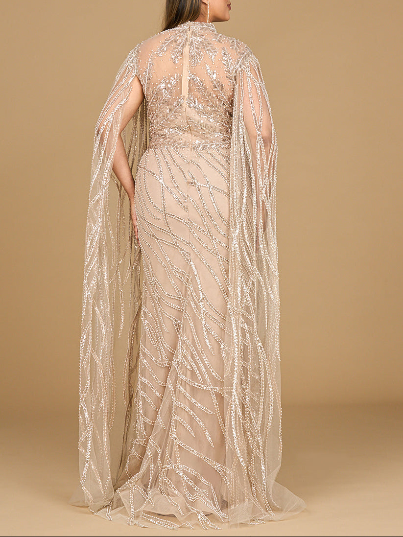 High Neck Gown with Long Cape Sleeves by Lara New York
