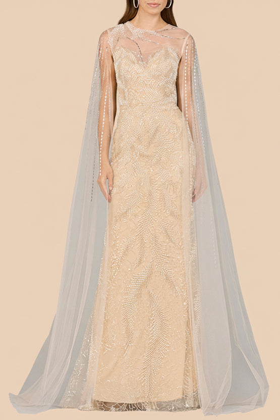 Long Cape Beaded Gown by Lara New York