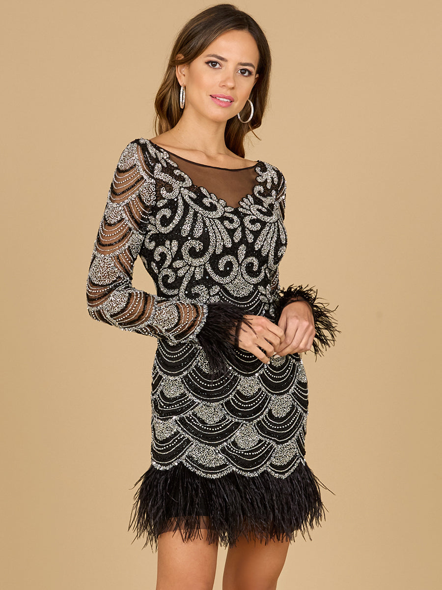 Beaded Short Dress with Feathers and Sleeves by Lara New York