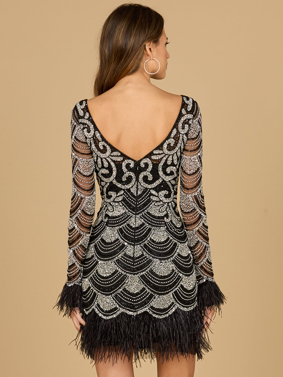 Beaded Short Dress with Feathers and Sleeves by Lara New York