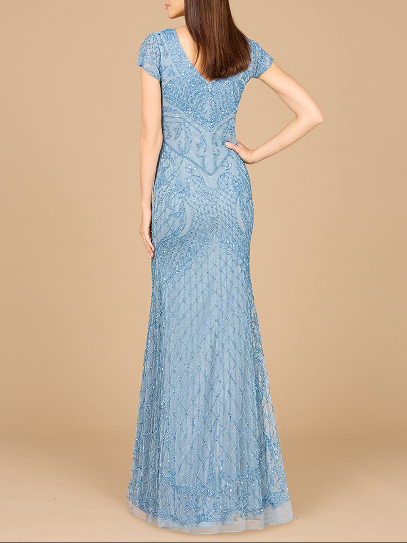 Beaded Cap Sleeve Gown With V-Neckline - OUTLET by Lara New York