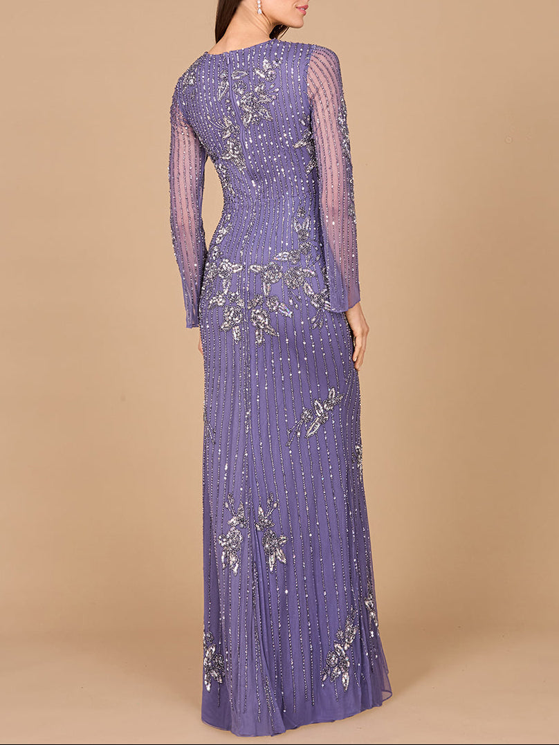 Long Sleeve, High Neck Beaded Gown - OUTLET by Lara New York