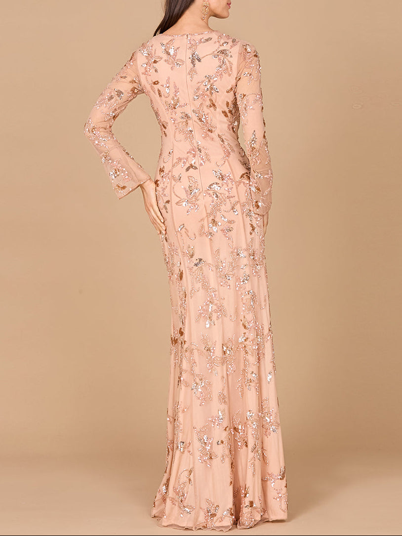 Beaded Dress with Sheer Long Sleeves by Lara New York