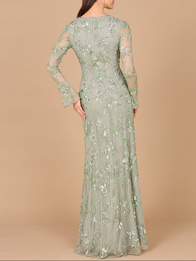 Beaded Dress with Sheer Long Sleeves by Lara New York