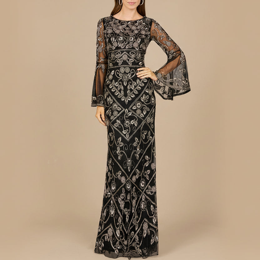 Bell Sleeved High Neck Beaded Gown by Lara New York