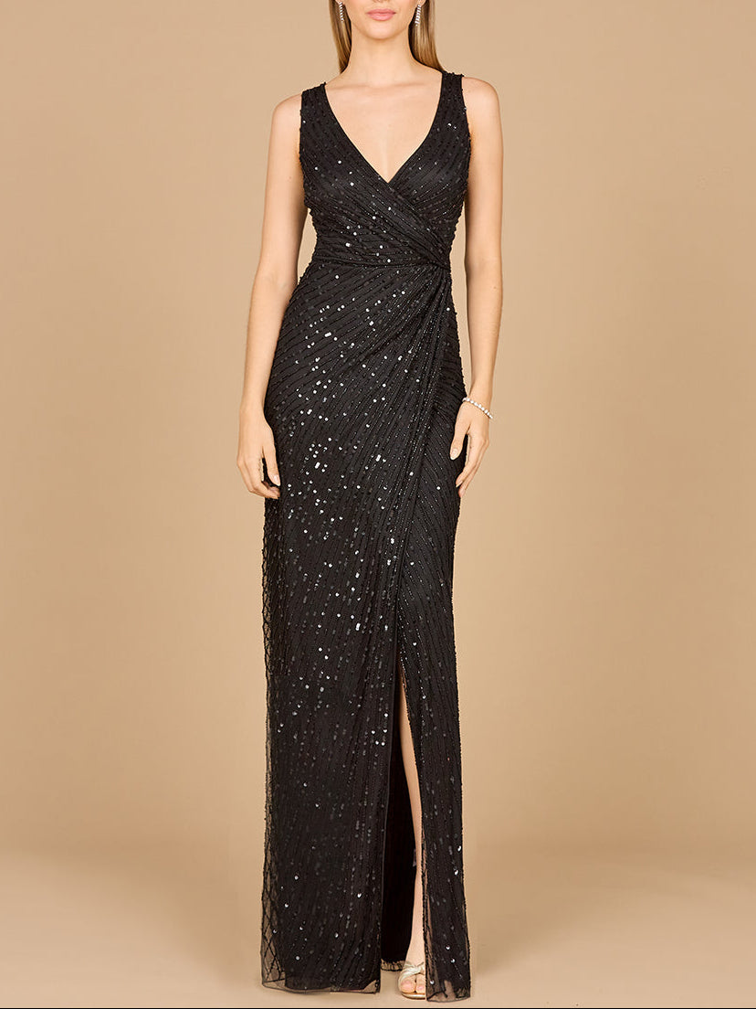 Beaded Black Gown with Slit by Lara New York