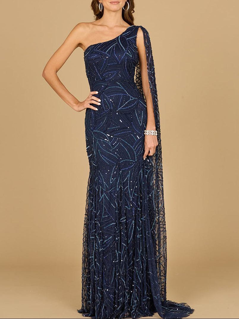 One Shoulder Cape Gown by Lara New York