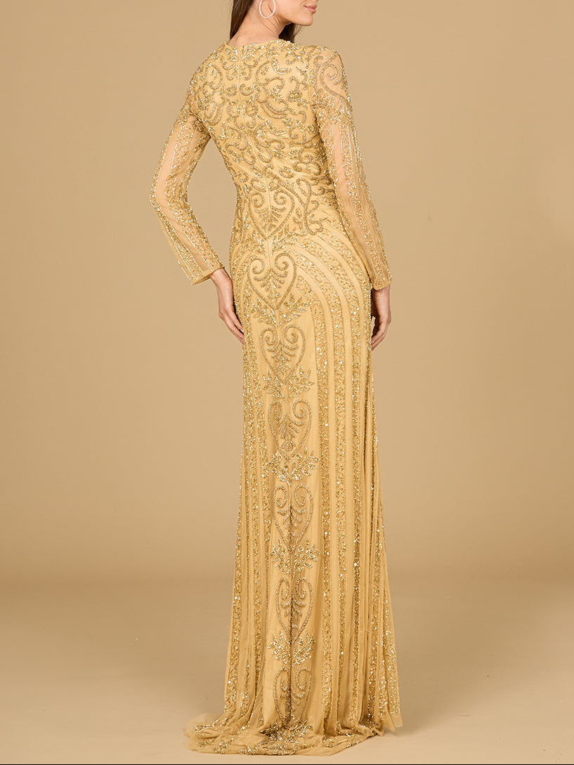 V Neck Beaded Long Sleeve Dress by Lara New York