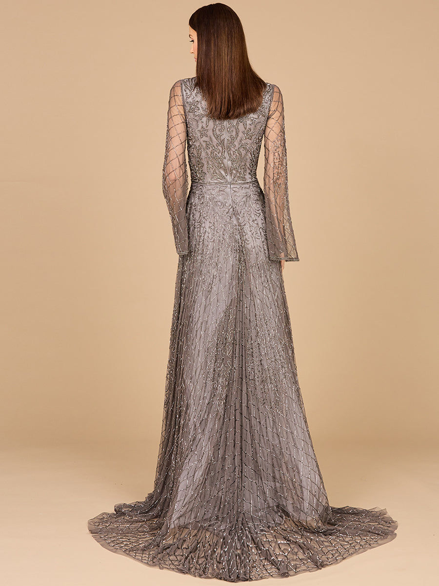 Beaded Long Dress with Flare Sleeves by Lara New York