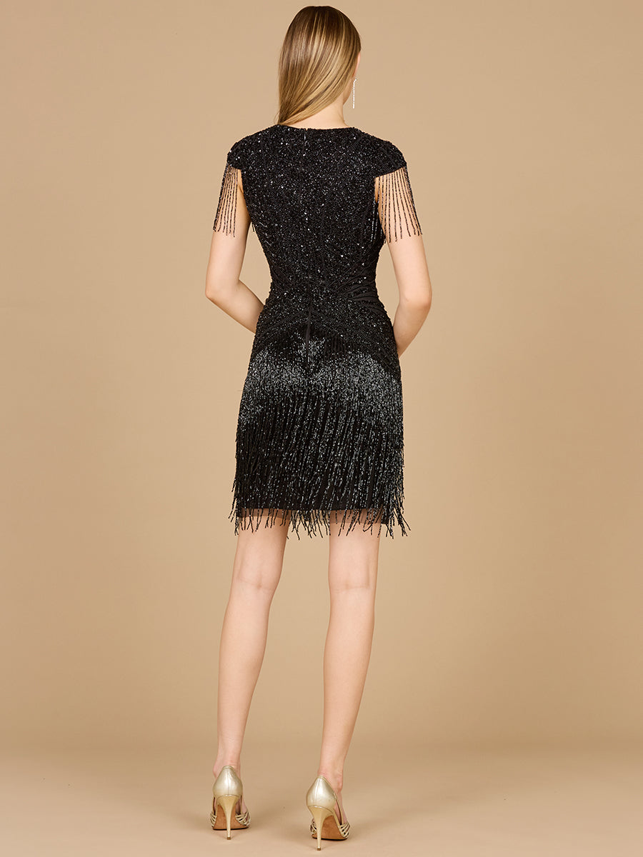 Beaded Fringe Short Dress with Cap Sleeves by Lara New York